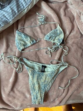TRIANGL Blue and Cream Smocked Tie-Side Triangle Bikini